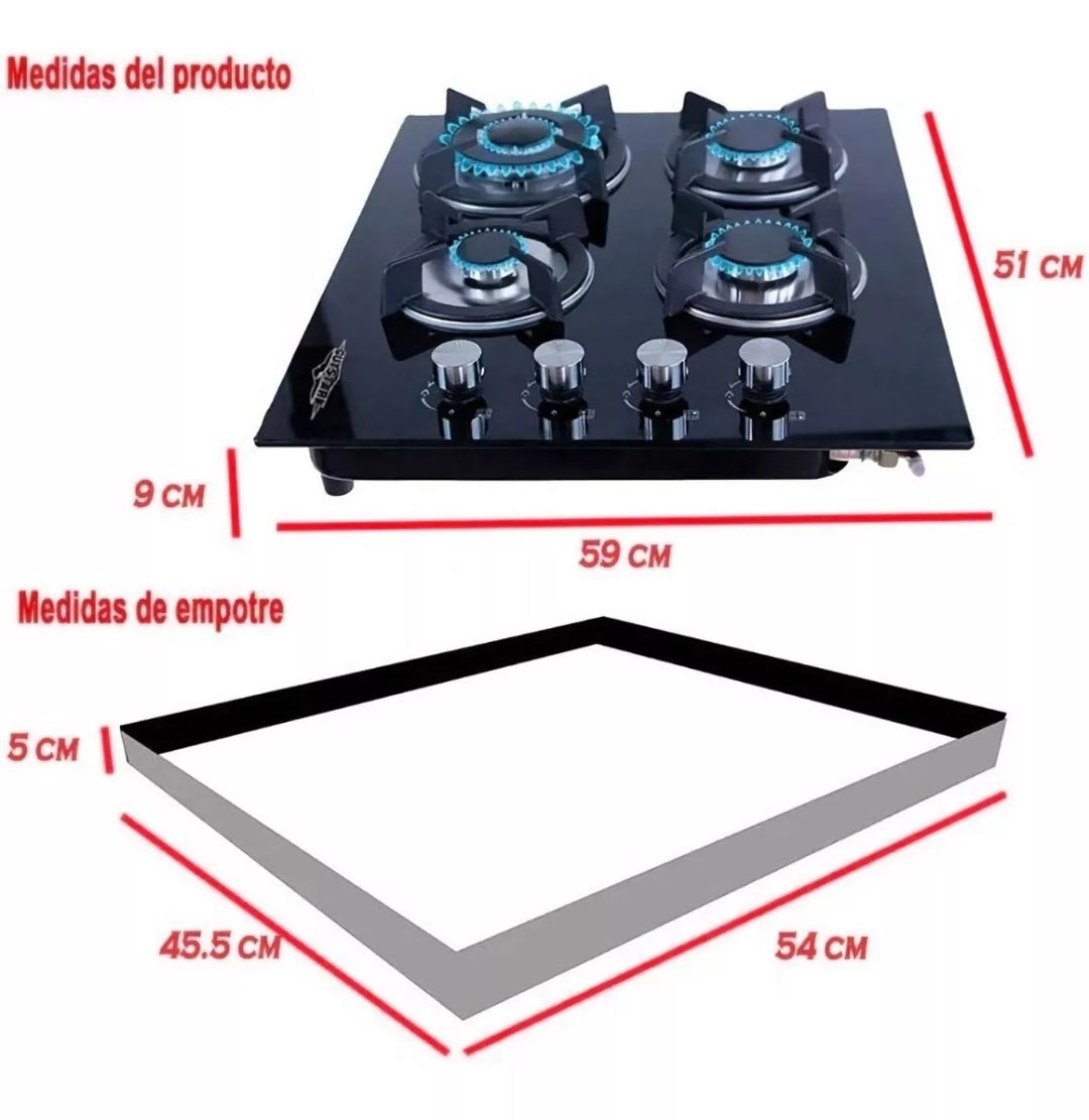Parrilla GUTSTARK Empotrable Vidrio Templado 4 Quemadores