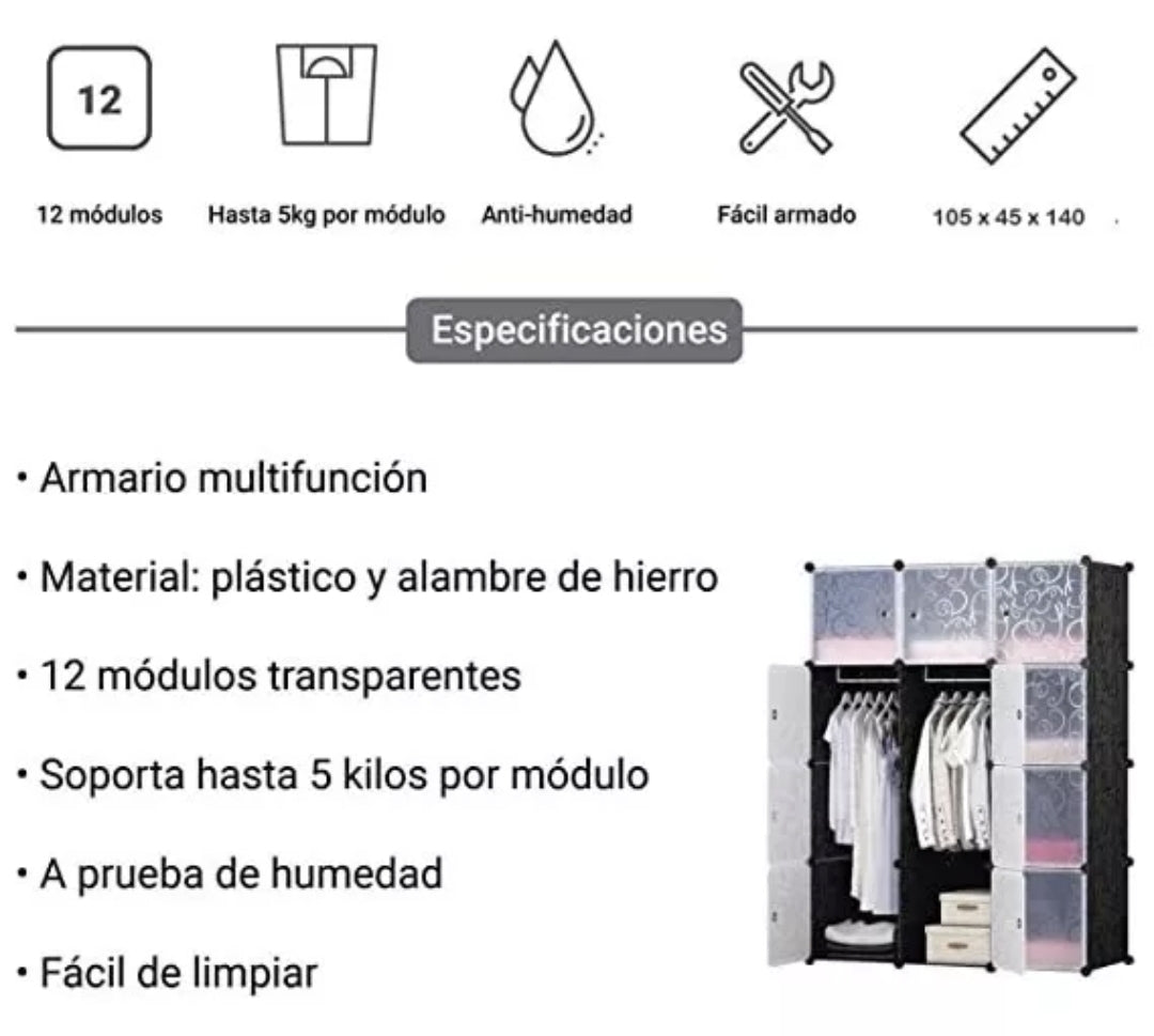 Closet Organizador armable de 6 cubos y 2 secciones de colgado