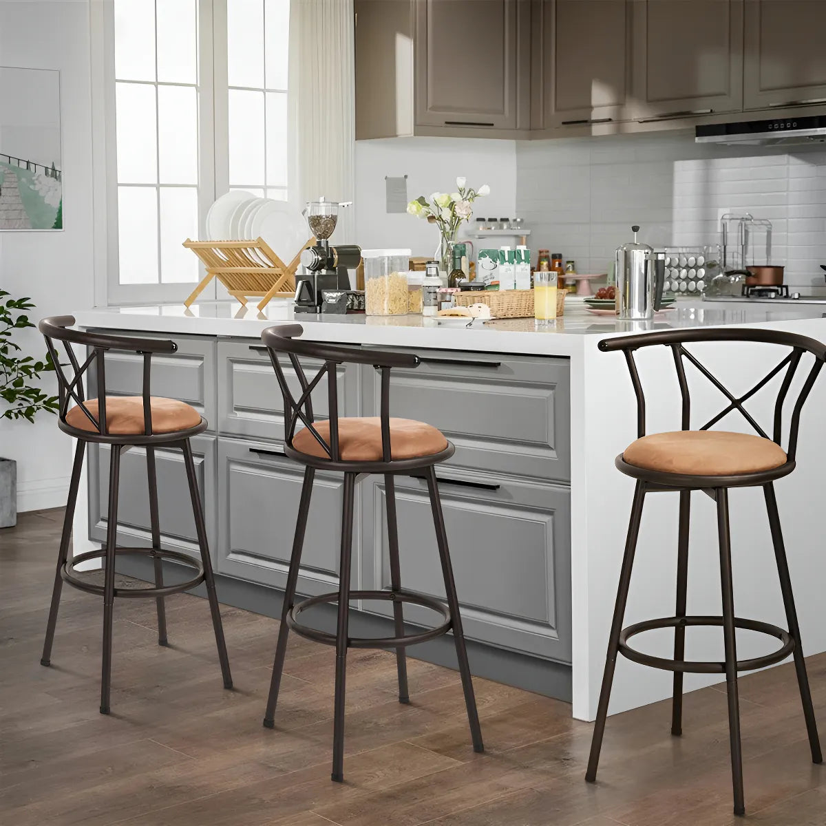 4 Taburetes De Bar Giratorios De Metal Retro Color Marrón