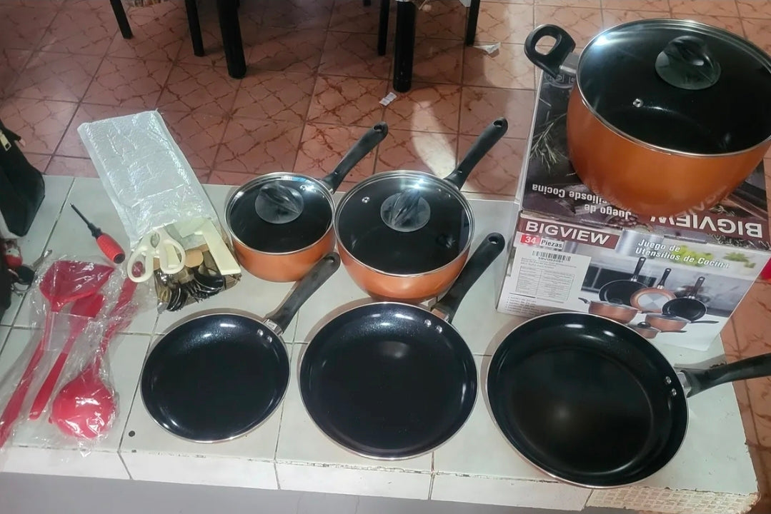 Batería De Cocina Antiadherente 34 Piezas - Juego De Ollas Y Utensilios De Aluminio