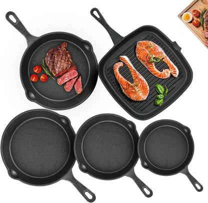 Juego de 5 Sartenes Antiadherente Freír, Cast-Iron Skillet y Sartén de Hierro Forjado Grill con Espátula y Guantes, para Freír, Saltear, Pizza, Filete -10/14/16/20/24cm