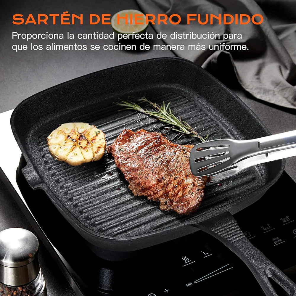 Juego de 5 Sartenes Antiadherente Freír, Cast-Iron Skillet y Sartén de Hierro Forjado Grill con Espátula y Guantes, para Freír, Saltear, Pizza, Filete -10/14/16/20/24cm