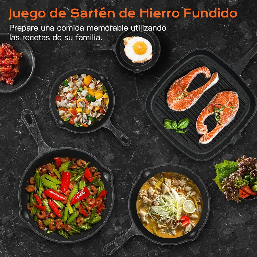 Juego de 5 Sartenes Antiadherente Freír, Cast-Iron Skillet y Sartén de Hierro Forjado Grill con Espátula y Guantes, para Freír, Saltear, Pizza, Filete -10/14/16/20/24cm