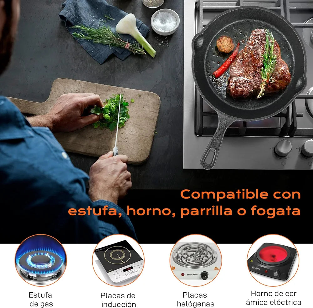 Juego de 5 Sartenes Antiadherente Freír, Cast-Iron Skillet y Sartén de Hierro Forjado Grill con Espátula y Guantes, para Freír, Saltear, Pizza, Filete -10/14/16/20/24cm