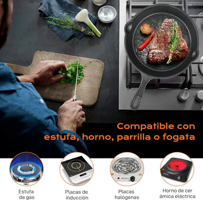 Juego de 5 Sartenes Antiadherente Freír, Cast-Iron Skillet y Sartén de Hierro Forjado Grill con Espátula y Guantes, para Freír, Saltear, Pizza, Filete -10/14/16/20/24cm