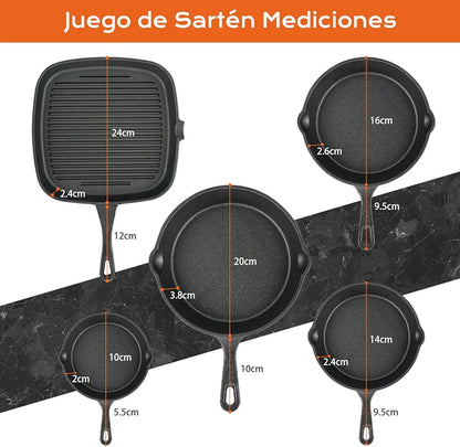 Juego de 5 Sartenes Antiadherente Freír, Cast-Iron Skillet y Sartén de Hierro Forjado Grill con Espátula y Guantes, para Freír, Saltear, Pizza, Filete -10/14/16/20/24cm