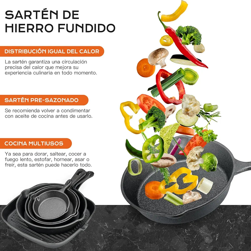 Juego de 5 Sartenes Antiadherente Freír, Cast-Iron Skillet y Sartén de Hierro Forjado Grill con Espátula y Guantes, para Freír, Saltear, Pizza, Filete -10/14/16/20/24cm