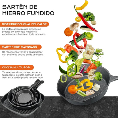 Juego de 5 Sartenes Antiadherente Freír, Cast-Iron Skillet y Sartén de Hierro Forjado Grill con Espátula y Guantes, para Freír, Saltear, Pizza, Filete -10/14/16/20/24cm