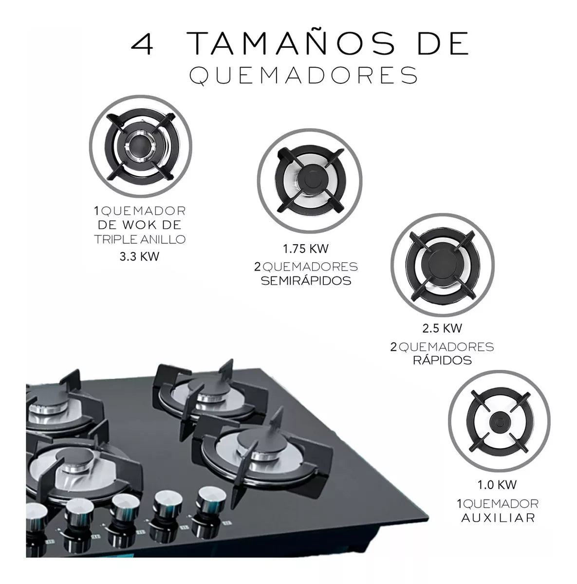 Parrilla Gas Empotrable 6 Quemadores Cristal Templado Negro