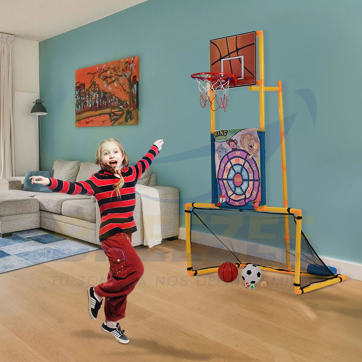 Portería 3 En 1 Infantil Futbol Canasta Basquetbol Dardos