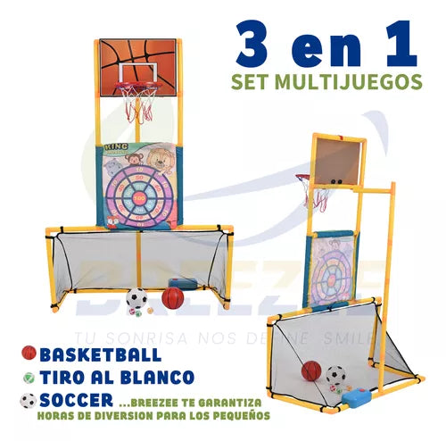 Portería 3 En 1 Infantil Futbol Canasta Basquetbol Dardos