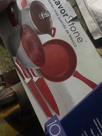 Juego De Sartenes Flavor Stone Master Set Red Con Cuchillos