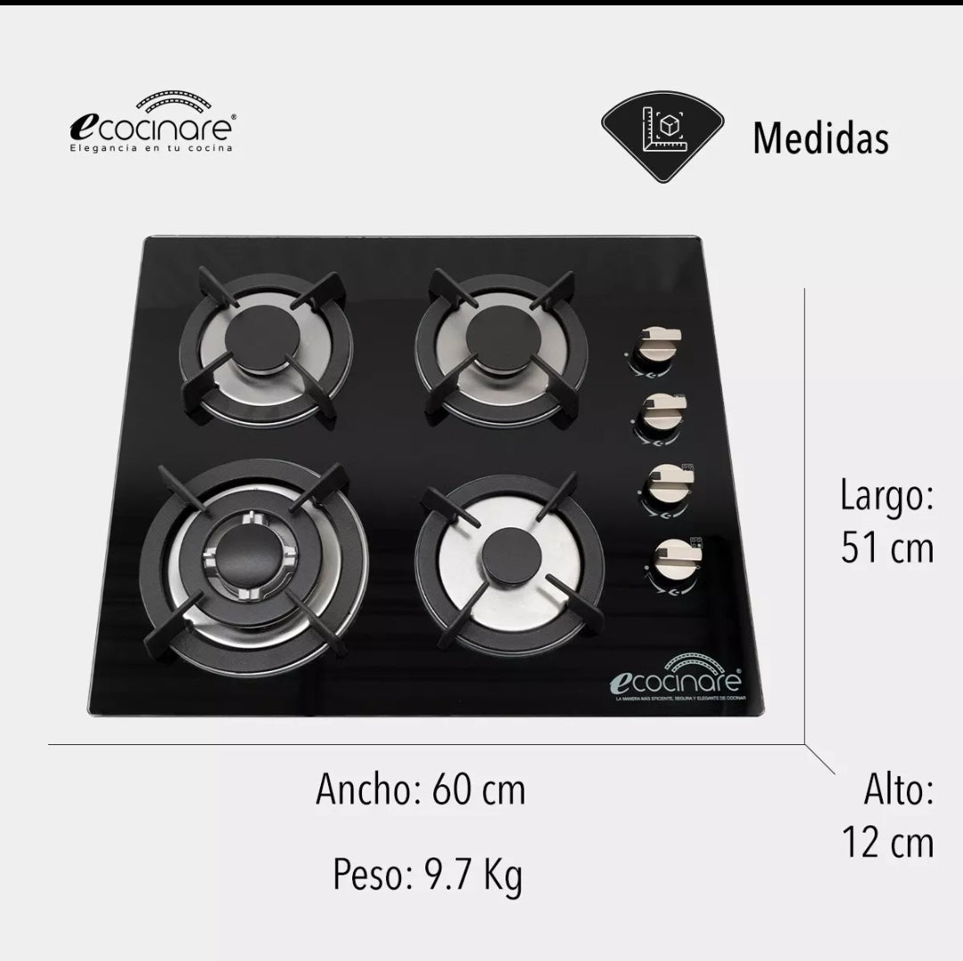 PARRILLA ECOCINARE EMPOTRABLE DE GAS VIDRIO TEMPLADO 4 QUEMADORES