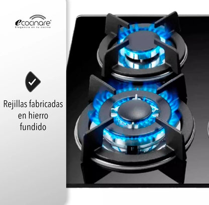 PARRILLA ECOCINARE EMPOTRABLE DE GAS VIDRIO TEMPLADO 4 QUEMADORES