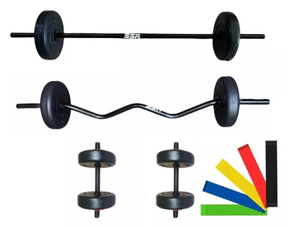 Kit de 60 lbs ; barra recta, barra z y par de mancuernas