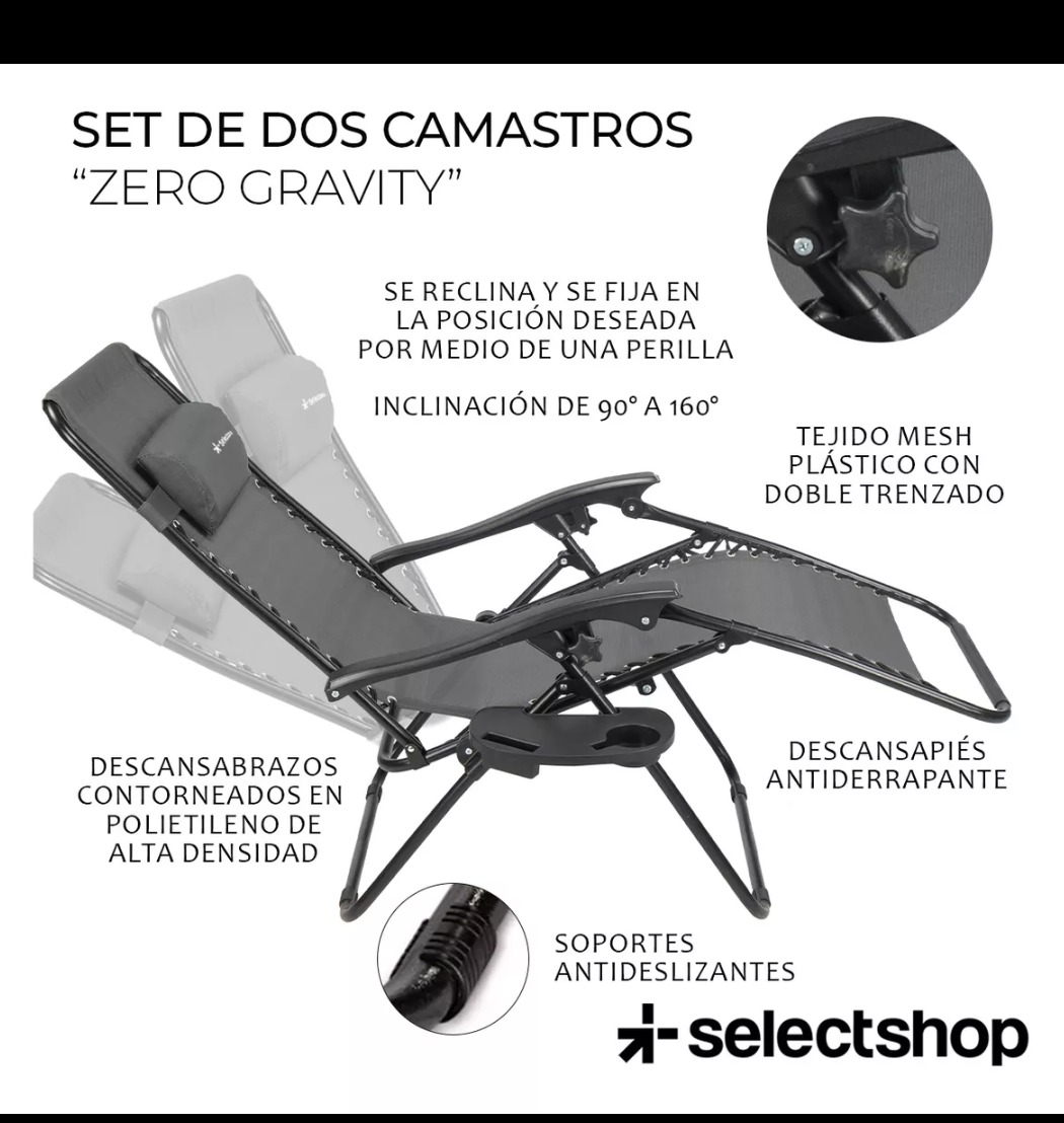 Set de 2 camastros sillas gravedad Zero reclinables