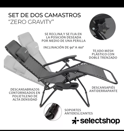 Set de 2 camastros sillas gravedad Zero reclinables