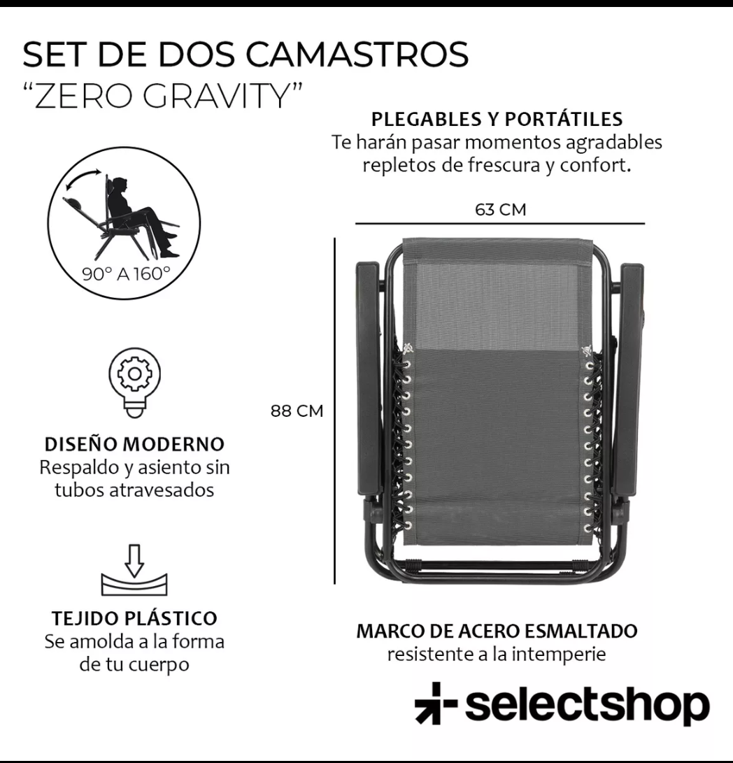 Set de 2 camastros sillas gravedad Zero reclinables