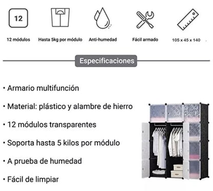 Closet Organizador armable de 6  cubos y 2 secciones de colgado
