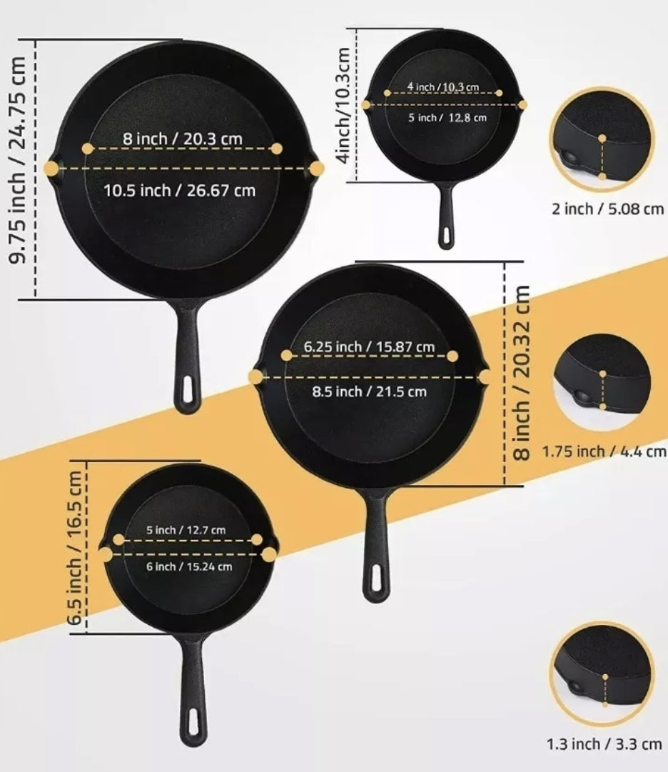 4 piezas sartenes de hierro fundido