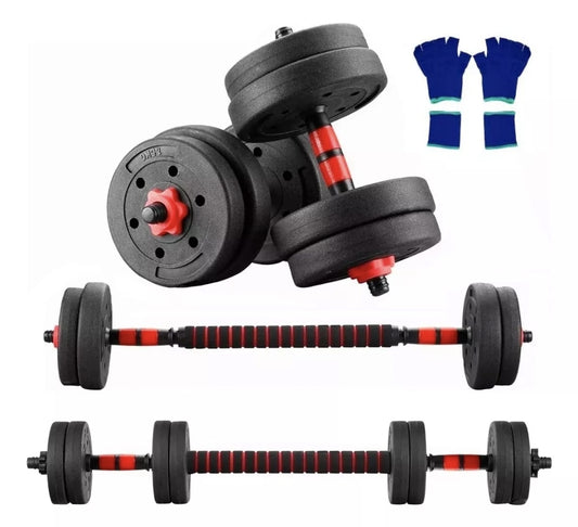 Kit mancuernas, pesas y barra recta  ajustables 15kg