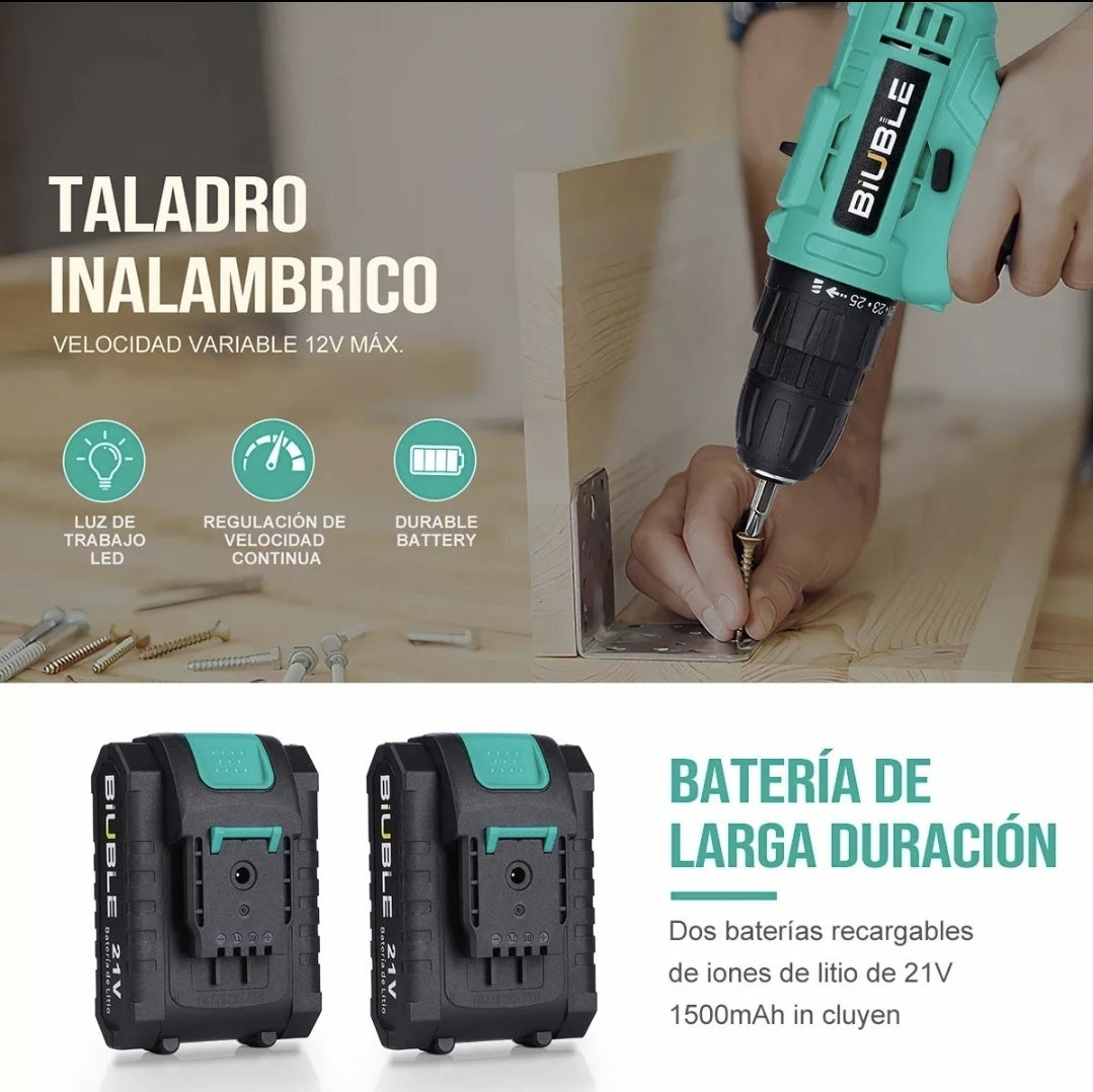 Taladro atornillador inalámbrico con 2 baterías