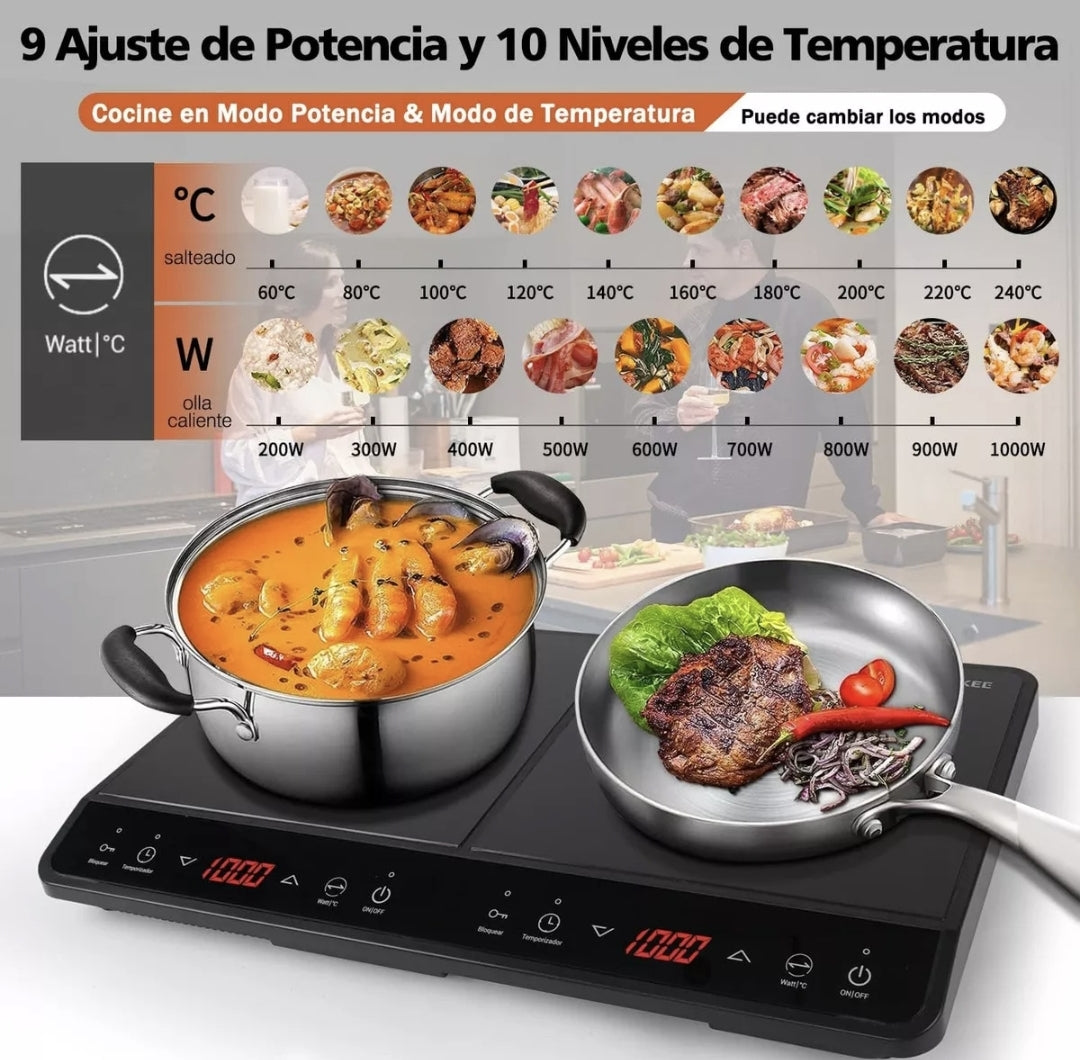 Parrilla de inducción eléctrica magnética 2 quemadores 2000w