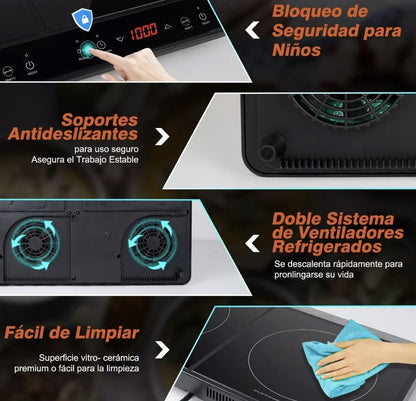 Parrilla de inducción eléctrica magnética 2 quemadores 2000w