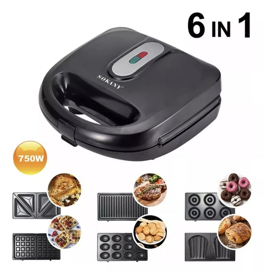 Máquina 6 en 1 Waffles + Sándwiches + Donas + Paninis + Tortas