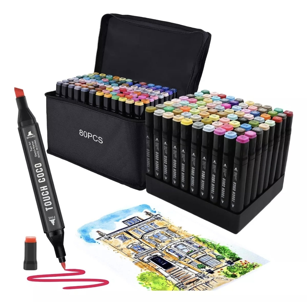 Kit 2 rollos de papel con dibujos para colorear + 80 plumones doble punta