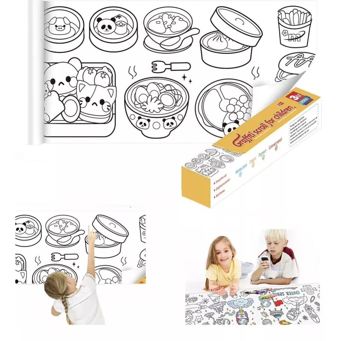 Kit 2 rollos de papel con dibujos para colorear + 80 plumones doble punta