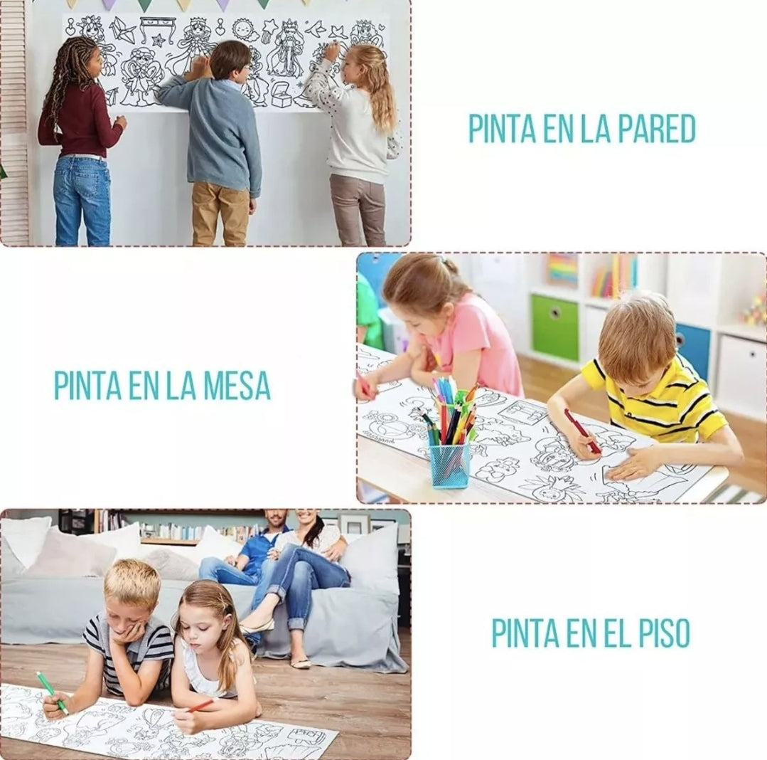 Kit 2 rollos de papel con dibujos para colorear + 80 plumones doble punta