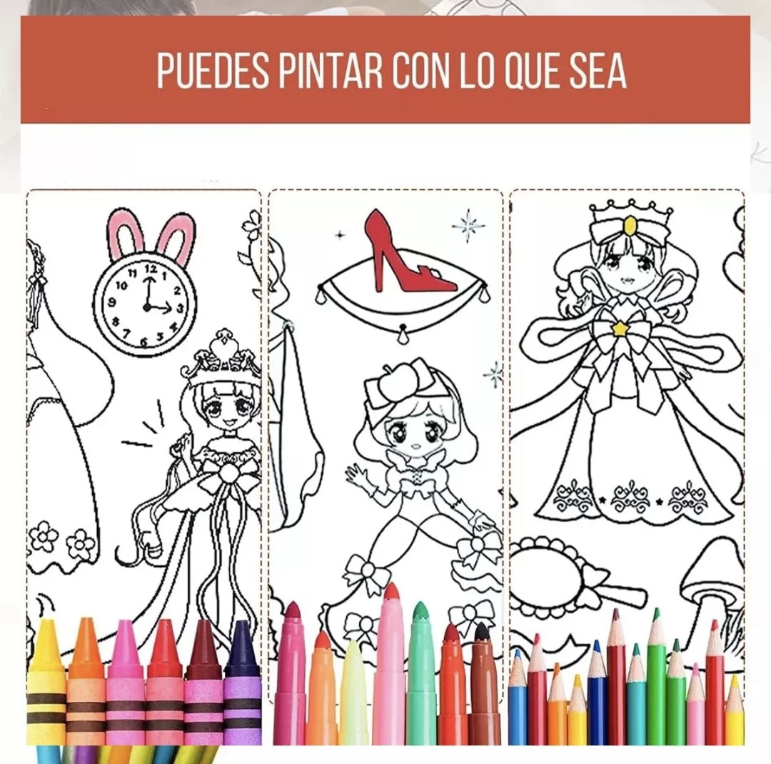 Kit 2 rollos de papel con dibujos para colorear + 80 plumones doble punta