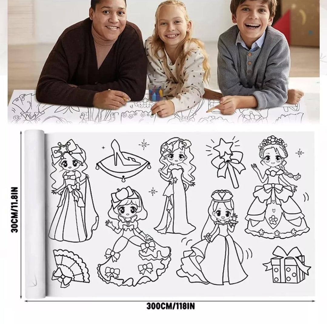 Kit 2 rollos de papel con dibujos para colorear + 80 plumones doble punta