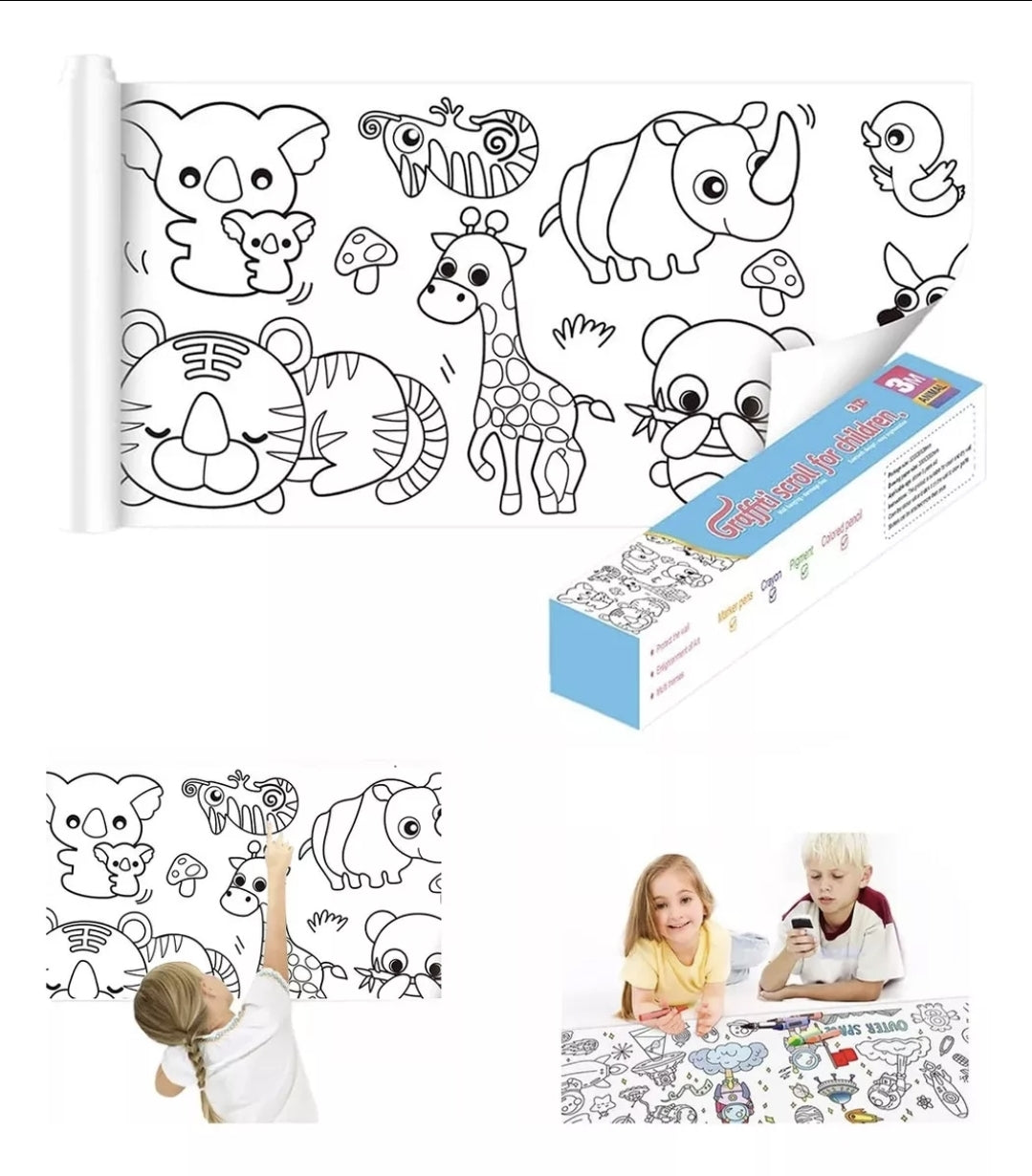 Kit 2 rollos de papel con dibujos para colorear + 80 plumones doble punta