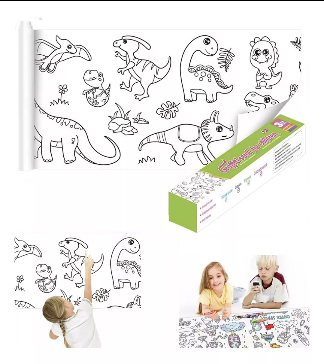 Kit 2 rollos de papel con dibujos para colorear + 80 plumones doble punta