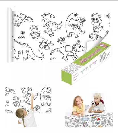 Kit 2 rollos de papel con dibujos para colorear + 80 plumones doble punta