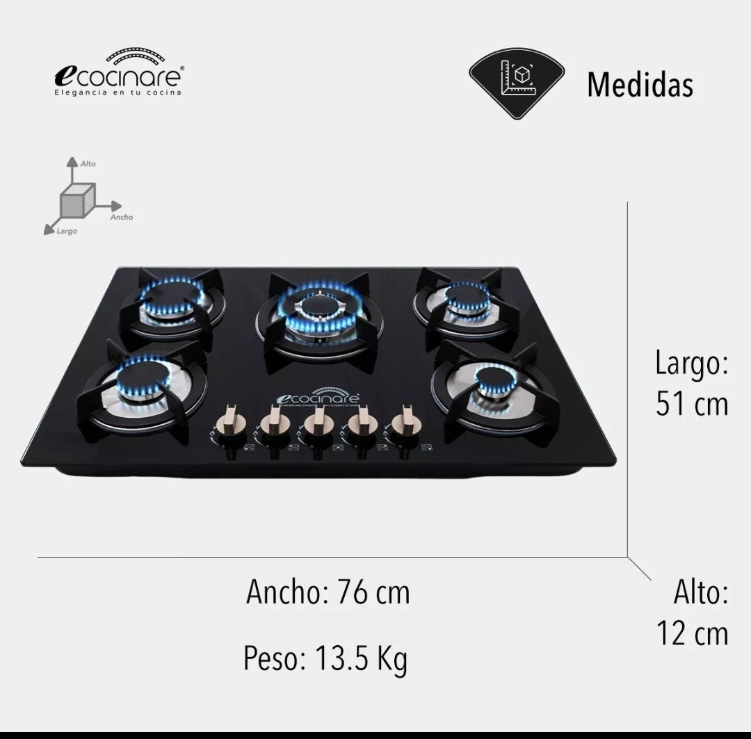 Parrilla 5 quemadores vidrio templado ECOCINARE