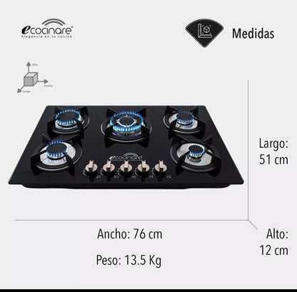 Parrilla 5 quemadores vidrio templado ECOCINARE