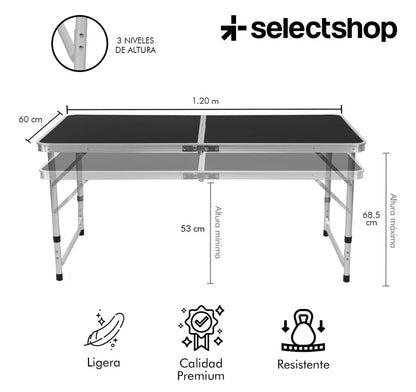 Mesa plegable tipo portafolio 1.20m  con 4 sillas portátiles