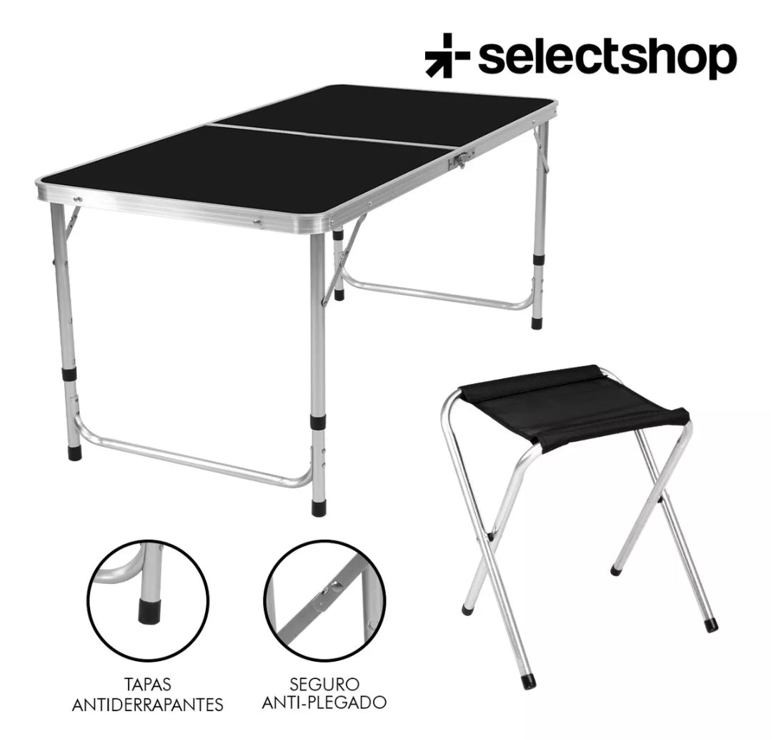 Mesa plegable tipo portafolio 1.20m  con 4 sillas portátiles
