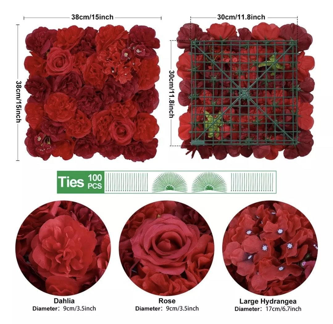 Panel flores rosas artificiales 12piezas 38x38cm