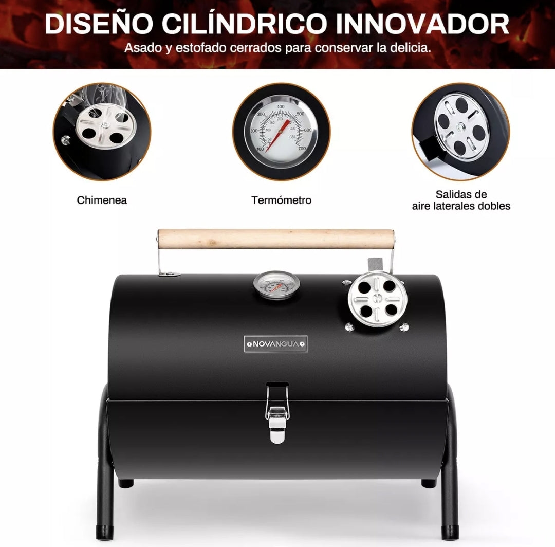 Mini asador portátil con termómetro y chimenea