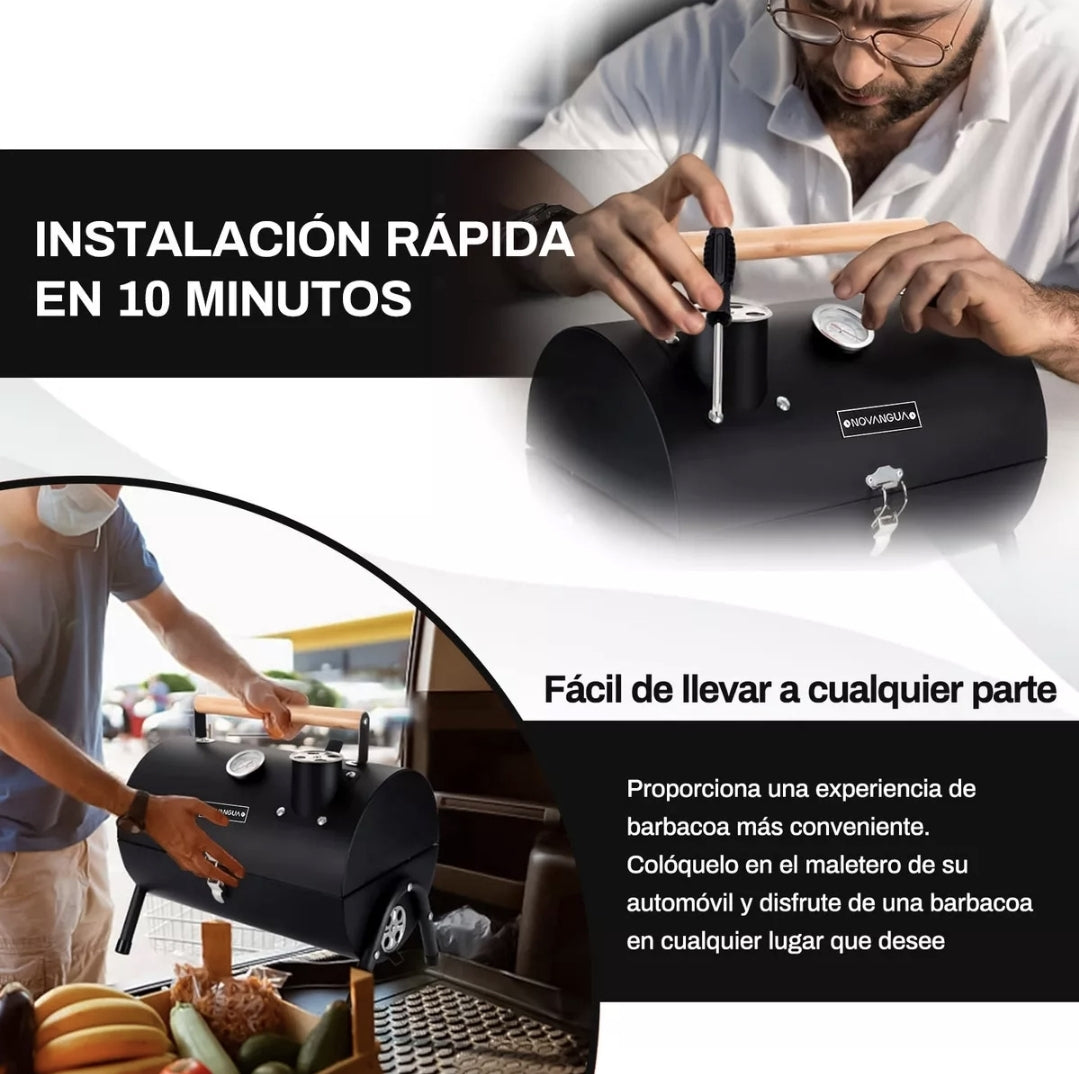 Mini asador portátil con termómetro y chimenea