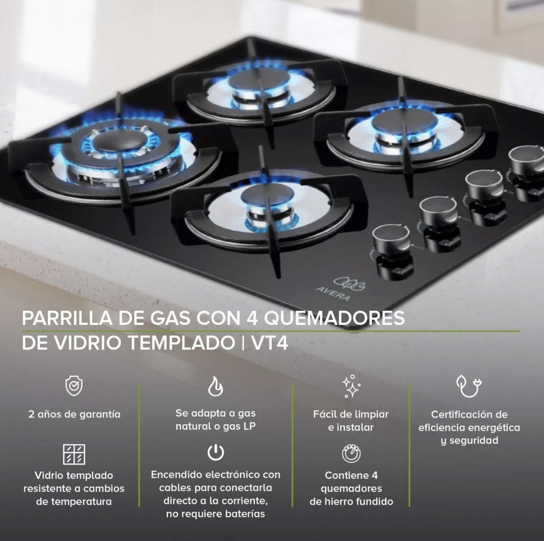 Parrilla  AVERA 4 quemadores Vidrio Templado