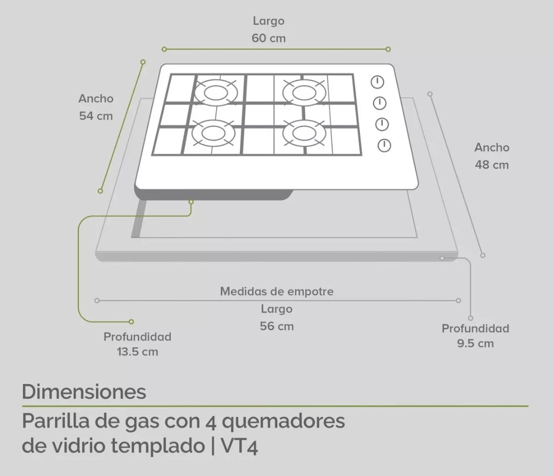 Parrilla  AVERA 4 quemadores Vidrio Templado