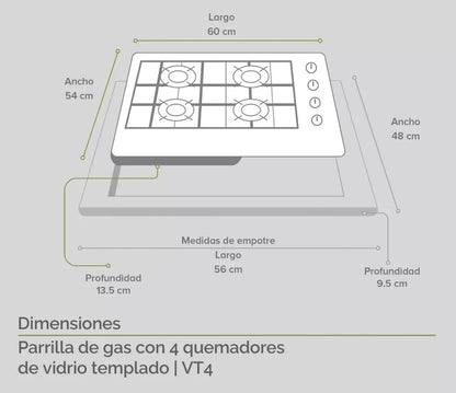 Parrilla  AVERA 4 quemadores Vidrio Templado