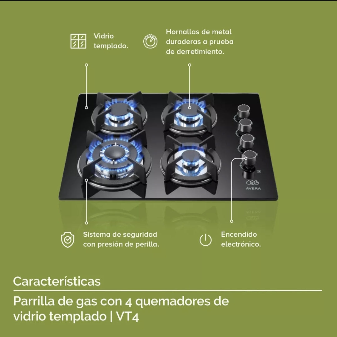 Parrilla  AVERA 4 quemadores Vidrio Templado