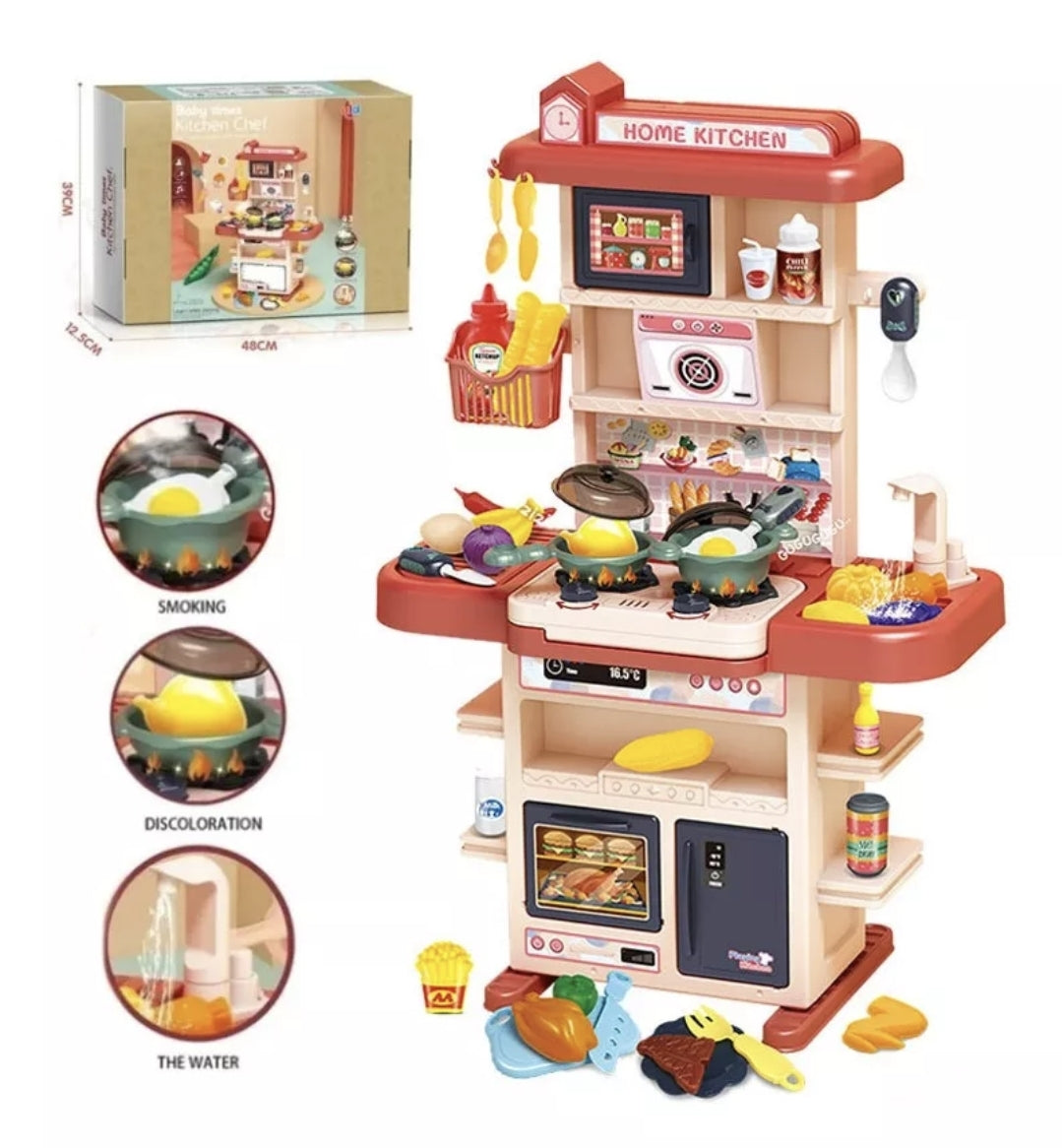 Juguete de cocina 43 piezas con luz, sonido, agua, vapor y spray