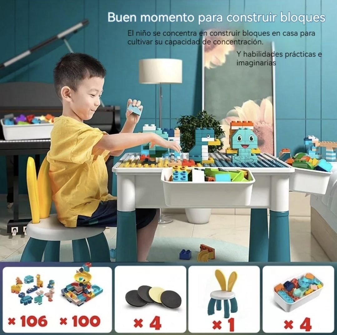 Mesa de juegos y bloques con silla y bloques